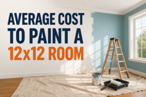 Cost to paint a 12x12 room showing price ranges, labor cost percentage, and paint quantity with a professional painter illustration